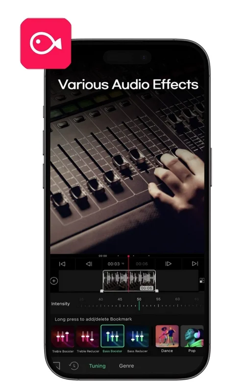 UI of VLLO's audio feature and icon at the upper left side